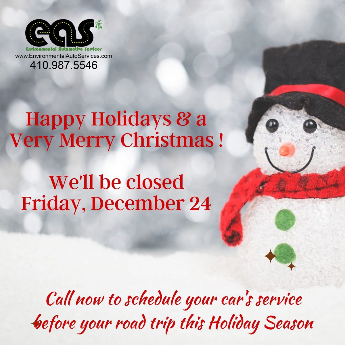 EASAUTO's tweet photo. If you're planning a road trip to visit family and friends, it's time to get your car serviced.  Don't wait until the last minute.  Schedule your service today.   We will be closed Friday, December 24th.  Happy Holidays ! https://t.co/L5AlTbI3Tf