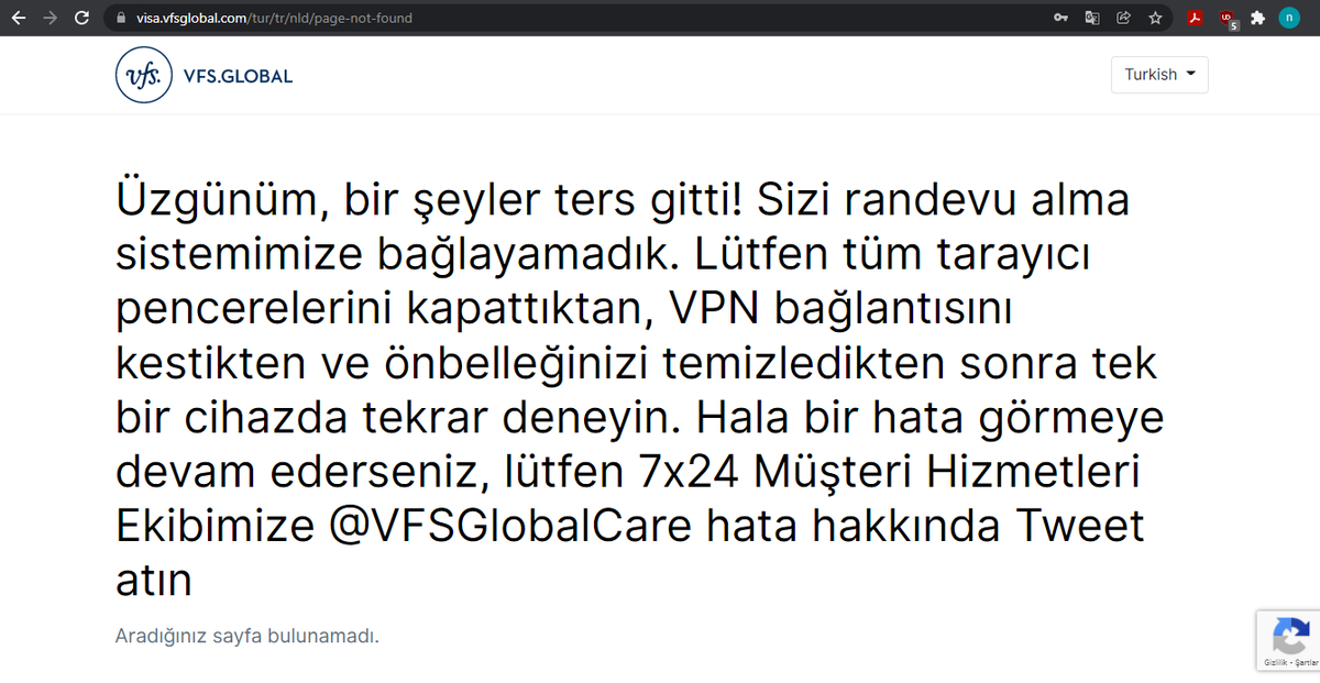 nisabagcivan's tweet photo. @VFSGlobalCare Günlerdir aynı hatayı veriyor, randevu alamıyorum yardımcı olursanız sevinirim. Mail: nisabagcivan@gmail.com https://t.co/PhUGd7HxNN
