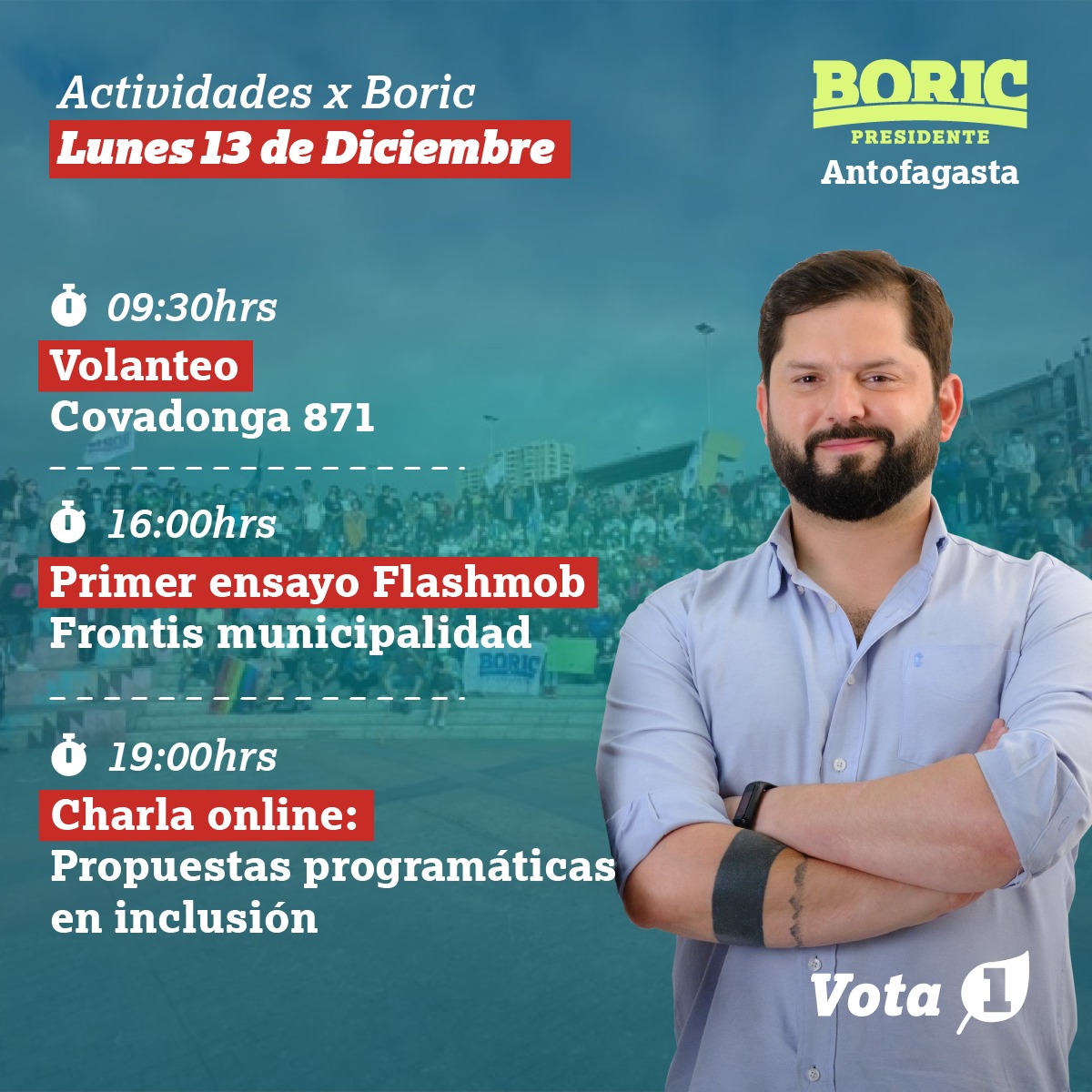 GabrielBoric's tweet photo. Quedan 6 días para la elecciones y solo 4 para hacer campaña. Súmete a las actividades de tu comuna o región. Acá va hilo con los puntos de encuentro de hoy https://t.co/qzuDOLSTeb
