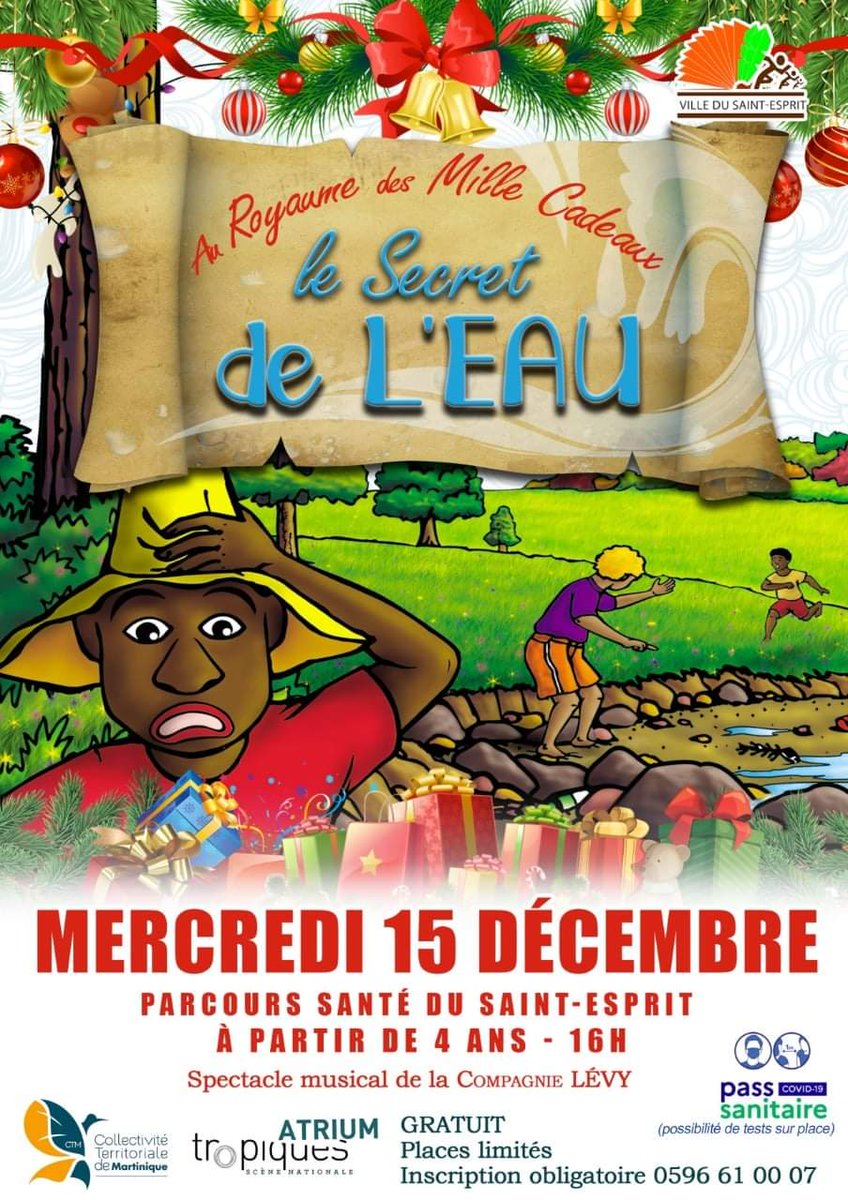 La Ville du Saint-Esprit, en partenariat avec Tropiques Atrium, vous invite au Spectacle « Le royaume des 1000 cadeaux », le mercredi 15 décembre 2021, à 16 h, sur le parcours santé.

Réservation obligatoire auprès de la Médiathèque au 0596 61 00 07