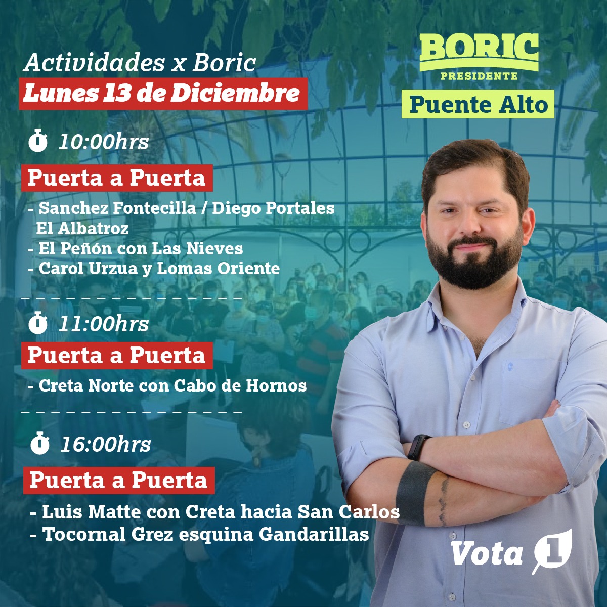 GabrielBoric's tweet photo. Quedan 6 días para la elecciones y solo 4 para hacer campaña. Súmete a las actividades de tu comuna o región. Acá va hilo con los puntos de encuentro de hoy https://t.co/qzuDOLSTeb