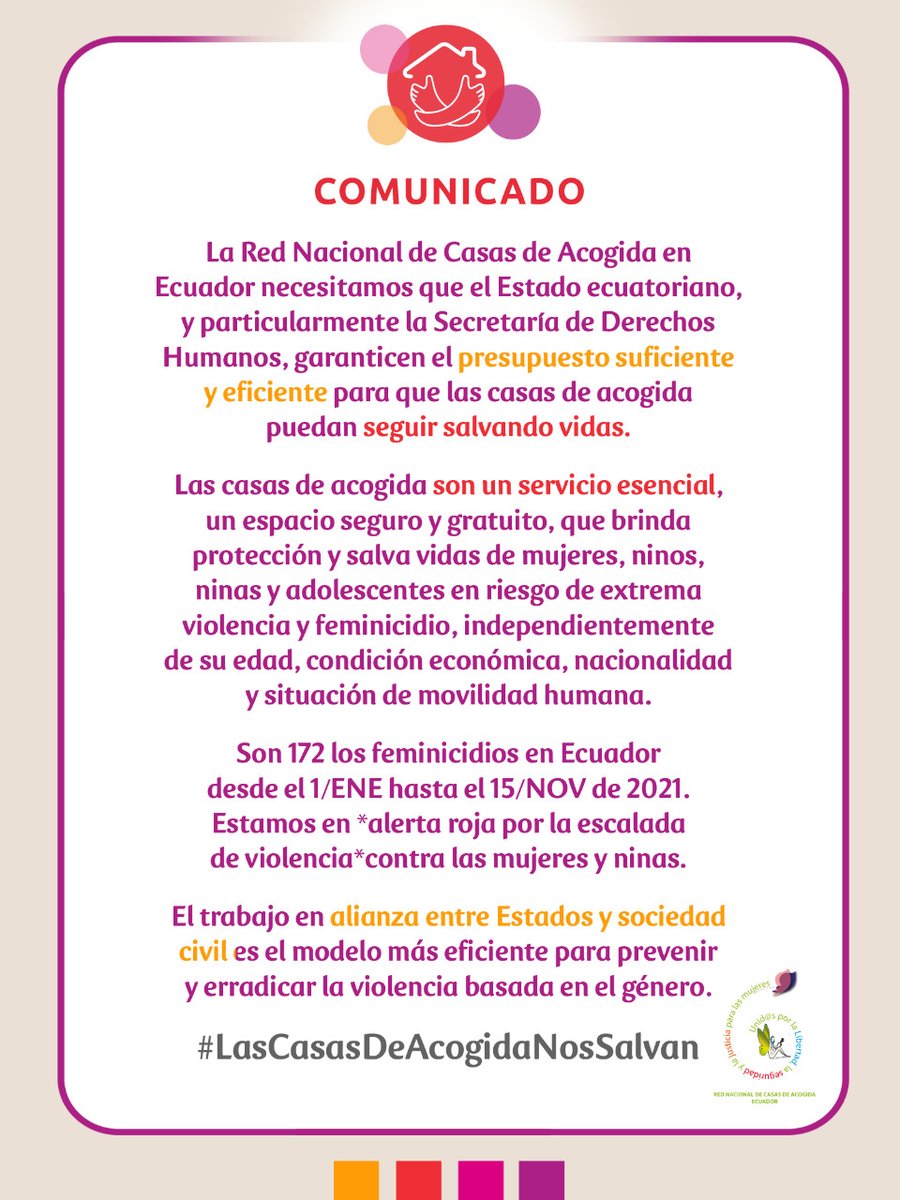 COMUNICADO  
<a href="/LassoGuillermo/">Guillermo Lasso</a> <a href="/DDHH_Ec/">Viceministerio de la Mujer y Derechos Humanos</a> <a href="/DEFENSORIAEC/">Defensoría del Pueblo de Ecuador</a> <a href="/FinanzasEc/">Economía Finanzas Ec</a>

URGENTE📢 Necesitamos que el Estado garantice presupuesto suficiente y eficiente para poder seguir salvando vidas de la #ViolenciaDeGenero y del #Feminicidio 

👉bit.ly/3ylDp6J

💜¿Nos apoyas con tu RT?