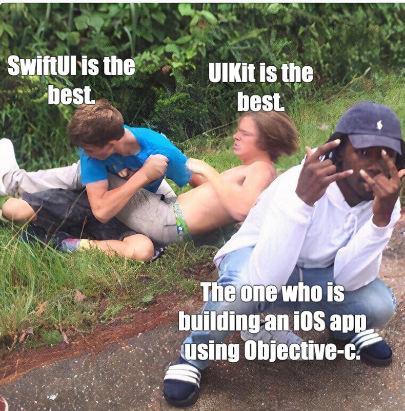 VishalMalvi_'s tweet image. The biggest debatable topic among ios developers: SwiftUI vs UIKit.
Look at an ios developer who's using objective-c for iOS app development & enjoying the debate :