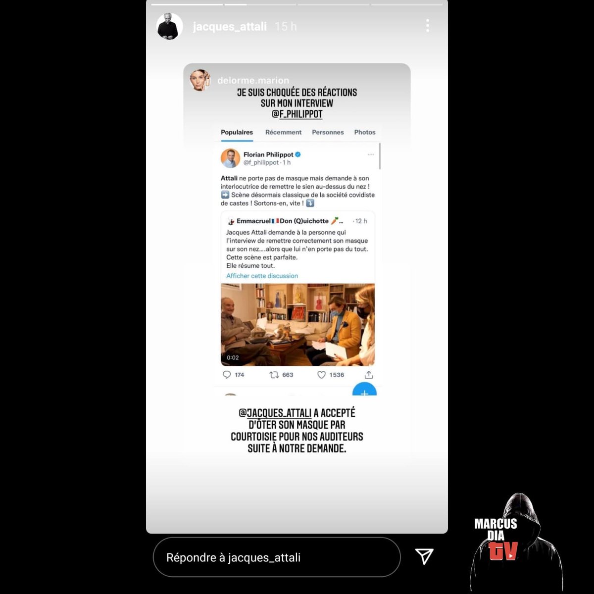 MarcusDiaTv2's tweet photo. Finalement, c'est par courtoisie que Jacques Attali a retiré son masque !!!
PS : En ce Lundi 13 décembre, je lance le mouvement "COURTOISIE"
#soyonscourtois #pasdemasques #jesuiscourtois #Attali #COVID19 https://t.co/gHri0kaplO