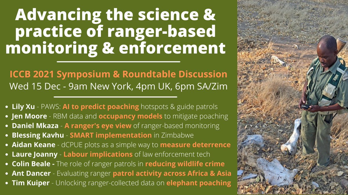 Globally, hundreds of thousands of rangers patrol 1000s of PAs daily. How can we maximize their efforts and data to minimise threats to biodiversity? See our uploaded talks (thanks speakers!) & join the live discussion at ICCB 2021 :) @SCB_Africa @ICCS_updates @Rohit_wildlife