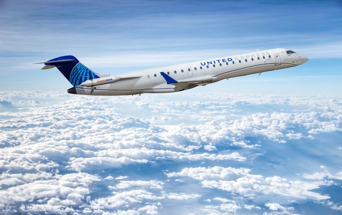 ZeroAvia's tweet photo. Big strides for hydrogen-electric aviation today. @united has placed a conditional order of 100 of our #hydrogenelectric powertrain systems, and is investing in ZeroAvia's latest $35 million round announced today. To read the full release, click here: https://t.co/l6Xfe8GBii https://t.co/ZUetYinf7O
