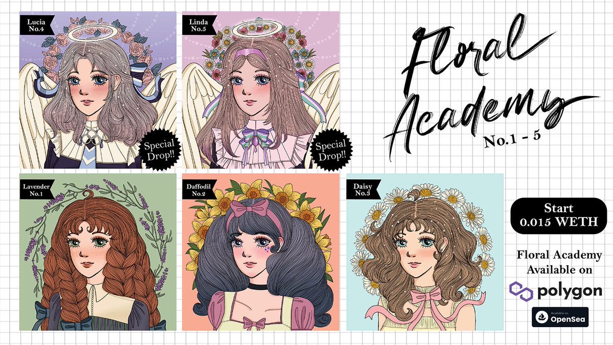 Floral Academy🌸
No.1 - 5 available now💓
Get yours girls now at opensea
Polygon!!

Floral academy🌼
No1 - 5 polygon で販売❤️
よろしくお願いします♪

🦋opensea.io/collection/flo…

#NFTcollection #NFTJapan #nftアート #AnimeNFT #nftcollector