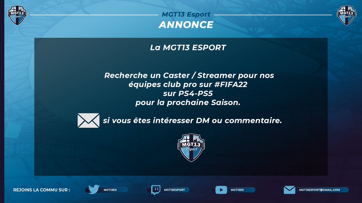 Recrutement Caster pour la structure MGT13 ESPORT. 

<a href="/Mgt13Es/">STRUCTURE MGT</a> @MGT_EfooT @MGT13_AC <a href="/Mct13O/">belkassem</a> <a href="/MGT13PS5/">MGT13 Esport ( Section PS5 )</a> <a href="/SneakyfoxE/">MGT SneakyFox</a> <a href="/mgt13/">Luna</a> RT Appréciés 🙏🏼
