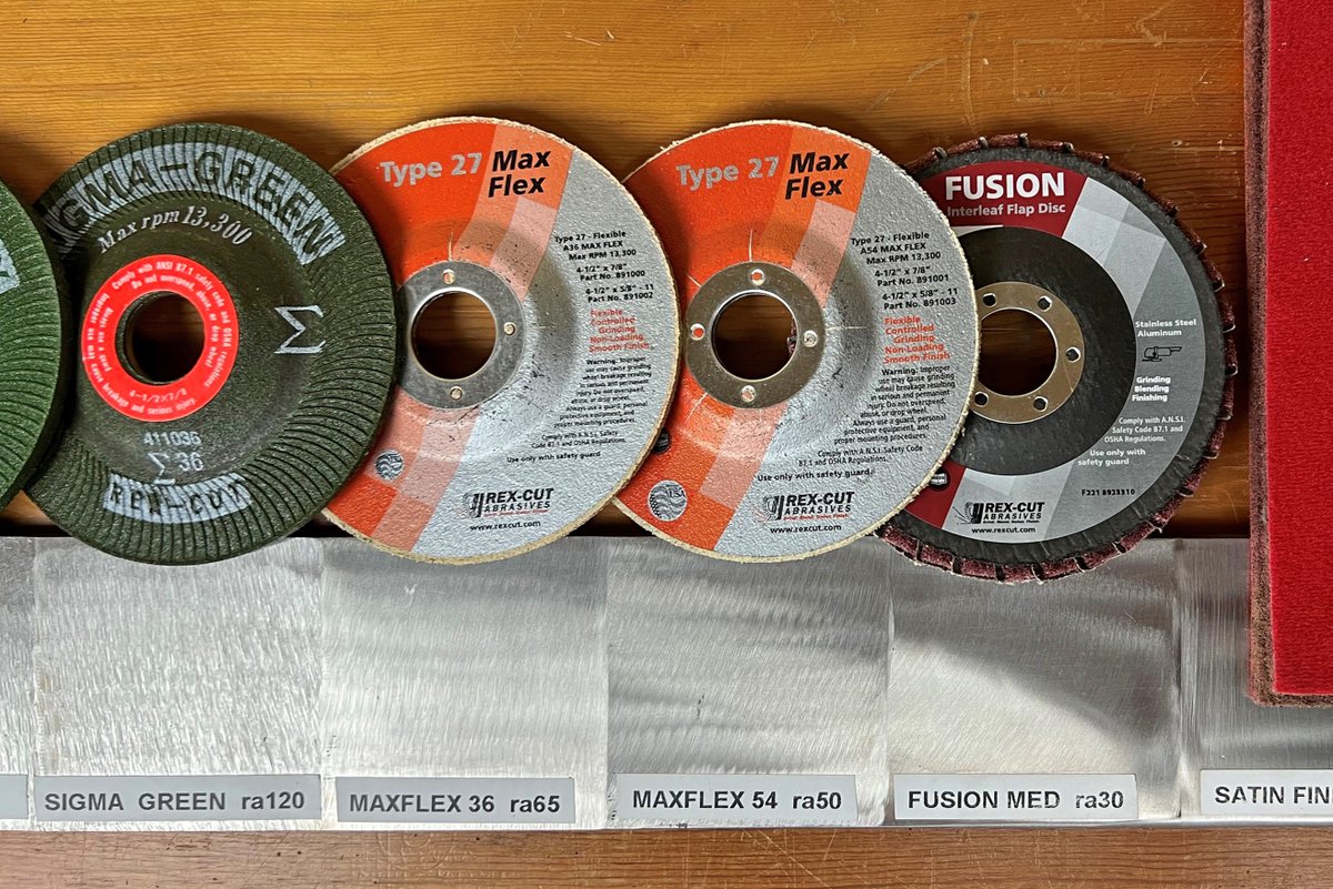 RexCut's tweet photo. Aggressive grinding, polish finish, and everything in-between. Here are a few of our products next to the finish they leave on stainless steel. #metalfab #stainless https://t.co/pcOOftYRQR