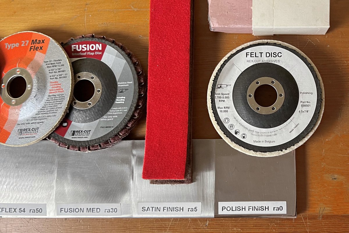 Aggressive grinding, polish finish, and everything in-between. Here are a few of our products next to the finish they leave on stainless steel. #metalfab #stainless