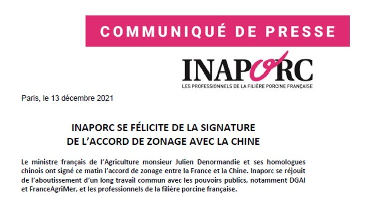 Inaporc se félicite de la signature de l'accord de zonage avec la 🇨🇳. Fruit de 4 ans de négociations et d'un travail commun entre pouvoirs publics et professionnels, il reconnait l'excellence sanitaire de la filière française dans le but de préserver l'économie de notre filière.