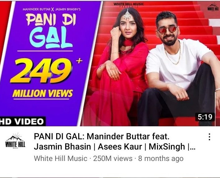ItsTeamJasmin's tweet photo. Congrats to all the dedicated streamers as #PaniDiGal hits 250 Million views on YouTube❤️🥂

A big congratulations to our  trio #Maninderbattar @Jasminbhasin @AseesKaur &amp; the entire team @WhiteHillMusic_♥️
Each one of u contributed to make this MV hit.

#Jasminbhasin #Jasminians https://t.co/7XH5gu8KyX