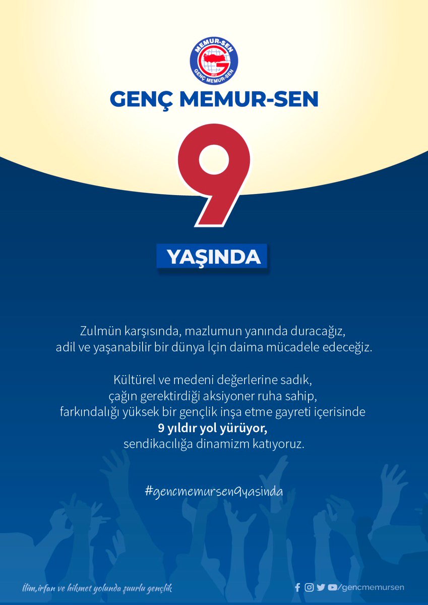 Leventusl's tweet photo. Genç Memur Sen'imiz 
irfan ve hikmet yolunda; şuurlu gençlik şiariyla çıktığı kutlu yolda 
#GençMemurSen9Yaşında

Genç Memur-Sen'imize nice hayırlı yıllar diliyor, teşkilatımıza, emek verenlere hassaten teşekkür ederim.

Birliğiniz daim 
yeni yaşınız kutlu olsun. https://t.co/vDjeZaeR8d