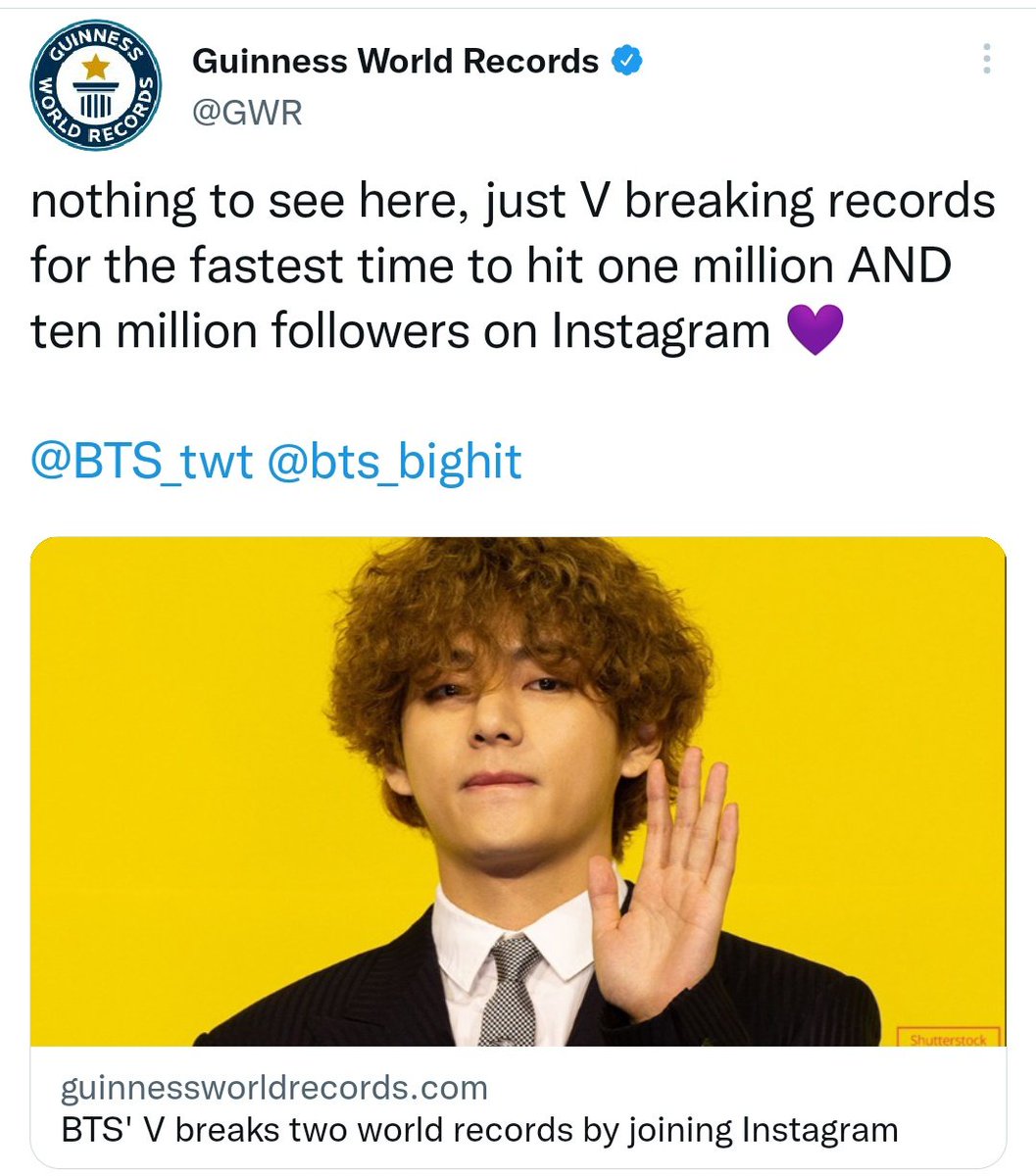 taetanakook's tweet photo. Guinness World Records ha reconocido oficialmente el poder e impacto de Kim Taehyung en las redes.

- Cuenta más rápida en alcanzar 1 millón de seguidores en instagram en sólo 43 minutos.

- Cuenta más rápida en alcanzar los 10 [...]

GUINNESS WORLD RECORD HOLDER V
@BTS_twt https://t.co/p0wSQ5aDXm