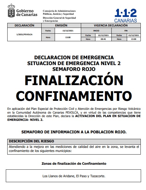 Se levanta el confinamiento para los 30.000 vecinos de los municipios afectados por la #ErupcionenLaPalma ante la mejora de la calidad del aire #LaPalma