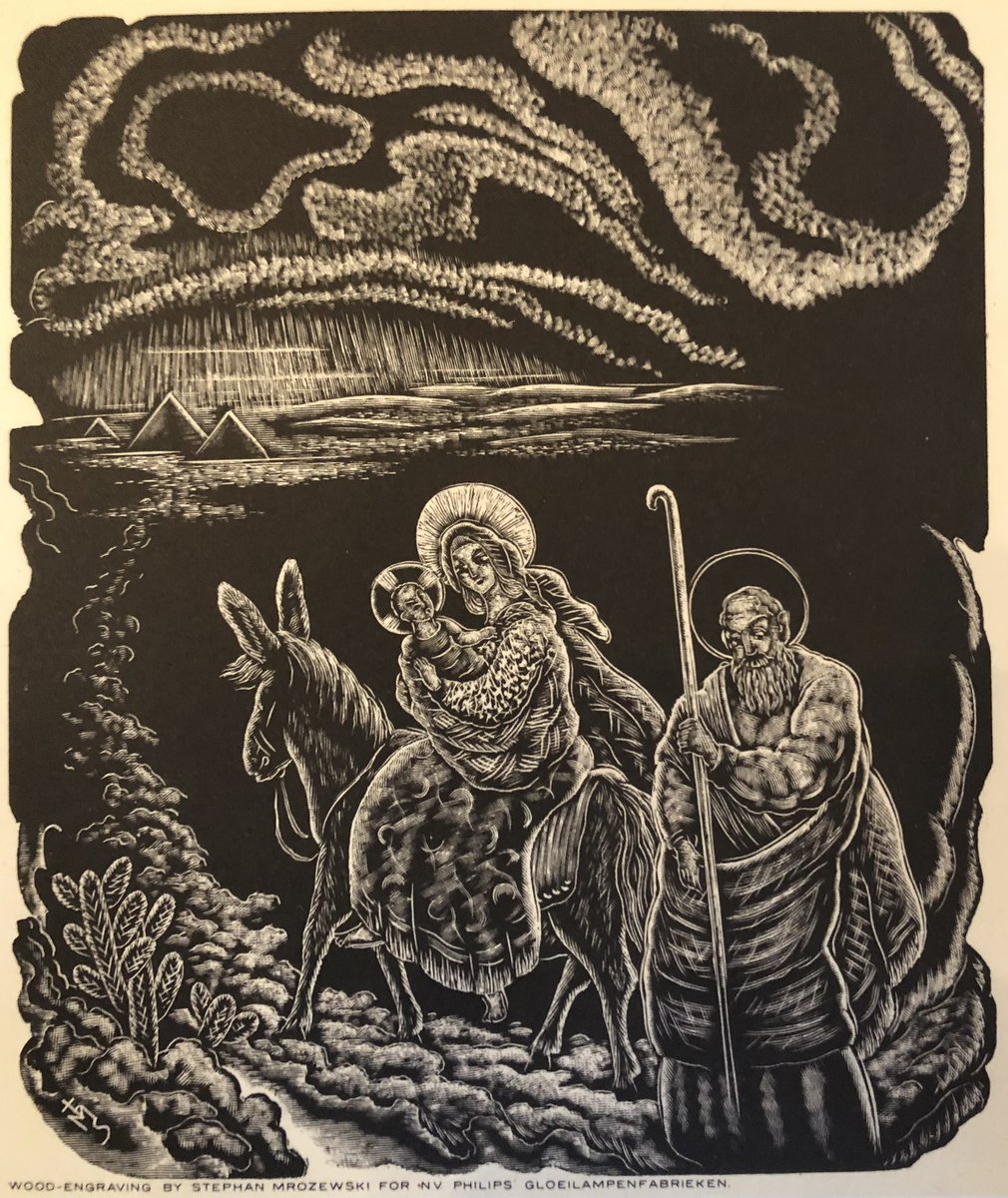 Kerstkaart, 1949, houtgravure door de destijds in Nederland wonende Poolse kunstenaar Stefan Mrozewski, in opdracht van N.V. Philips Gloeilampenfabrieken.