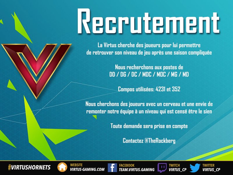 Virtus Gaming (@virtus_cp) on Twitter photo 🔴 RECHERCHE 🟠
Nous cherchons des joueurs pour amener du sang neuf dans notre club
Nous cherchons aux postes suivants:
- DC
- MDC
- MD/MG
- MOC
Joueurs avec un minimum de niveau et d'intelligence de jeu. Début des tests dès demain.
<a href="/TheRockberg/">Rockberg 🇫🇷🇨🇱</a> <a href="/XboxLegendx/">So@res 💚</a> <a href="/HyogA_80/">Clément HyogA 🇫🇷 ⚽⭐⭐⚪️⚫️Ⓜ️</a> 🔴 RECHERCHE 🟠
Nous cherchons des joueurs pour amener du sang neuf dans notre club
Nous cherchons aux postes suivants:
- DC
- MDC
- MD/MG
- MOC
Joueurs avec un minimum de niveau et d'intelligence de jeu. Début des tests dès demain.
<a href="/TheRockberg/">Rockberg 🇫🇷🇨🇱</a> <a href="/XboxLegendx/">So@res 💚</a> <a href="/HyogA_80/">Clément HyogA 🇫🇷 ⚽⭐⭐⚪️⚫️Ⓜ️</a>