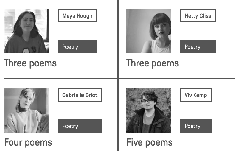 New poetry on New Writing!
newwriting.net/category/poetry

Three poems by <a href="/maya_hough/">Maya Hough</a>
Three poems by Hetty Cliss (@HettyWrites)
Four poems by Gabrielle Griot (<a href="/griotgrrrl/">gabrielle griot</a>)
Five poems by Viv Kemp
Two poems by Max Purkiss
Three poems by Amna Alamir 

(<a href="/ariskindt/">Tiffany Atkinson</a>, @merylE11)