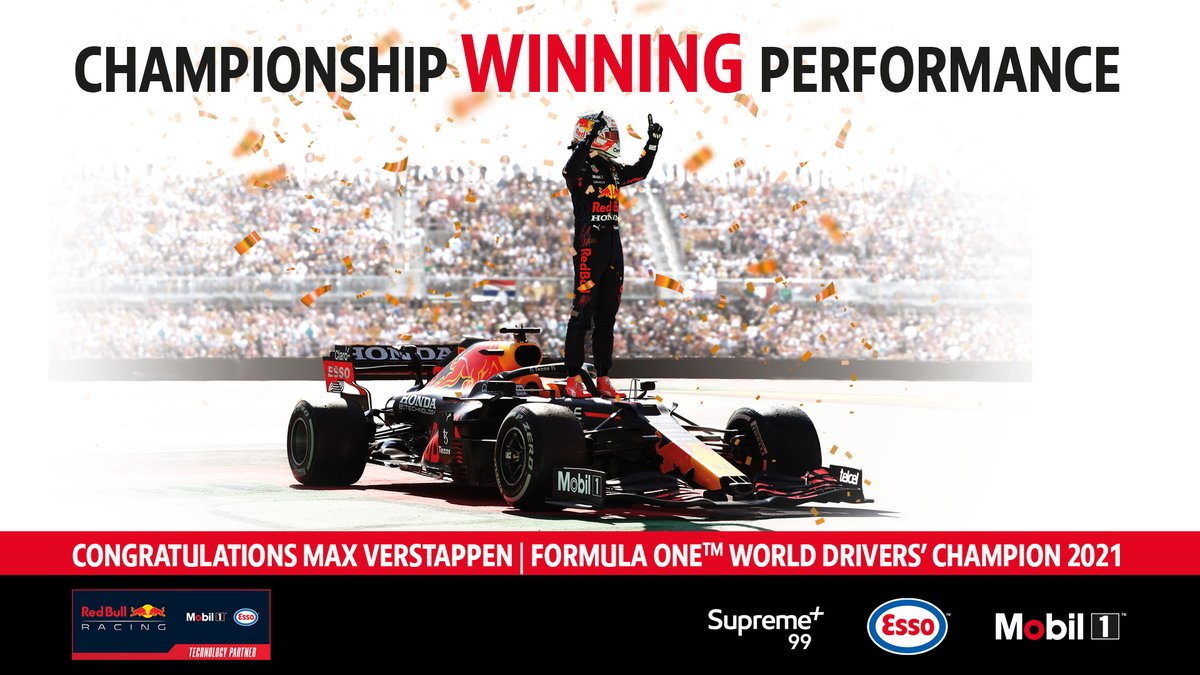 Congratulations Max! Did you know that Esso is a Technology Partner to <a href="/RedBullRacing/">Oracle Red Bull Racing</a> Honda? That means that the same technologies in Esso Synergy Supreme+ 99 can be found in Max’s Esso Synergy Race Fuel!  Find out more here: Synergy Fuels | Esso esso.co.uk/en-gb/fuels