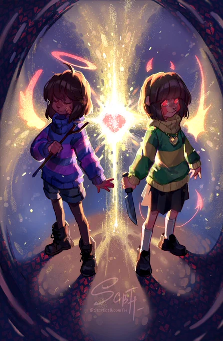 It's just symbolism, I painted based on my feelings. In fact, I do not consider them to be either angels or demons. They are just children. They are us - the players. One whole. One soul.❤️✨ 