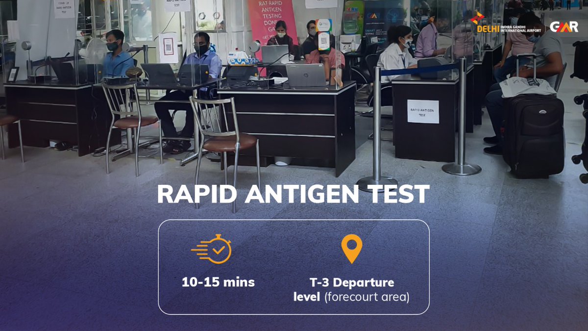 DelhiAirport's tweet photo. When you be safe, you #FlySafe!
Passengers can now opt for Rapid Antigen Test at #DelhiAirport and get the reports in approx. 10-15 mins.
The booths have been set up at T-3, departure level, forecourt area.
#FlySafe #SafetyFirst #DelhiAirport https://t.co/qQiLbCYDTc