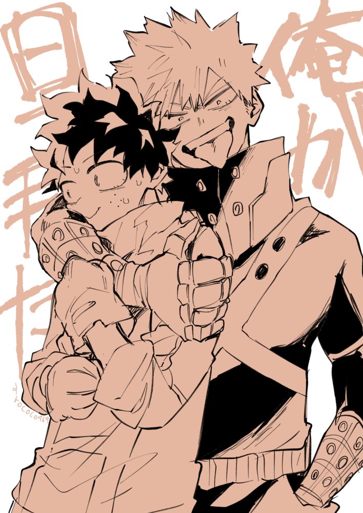 bakugou katsuki ,midoriya izuku multiple boys 2boys male focus spiked hair tongue out monochrome freckles  illustration images