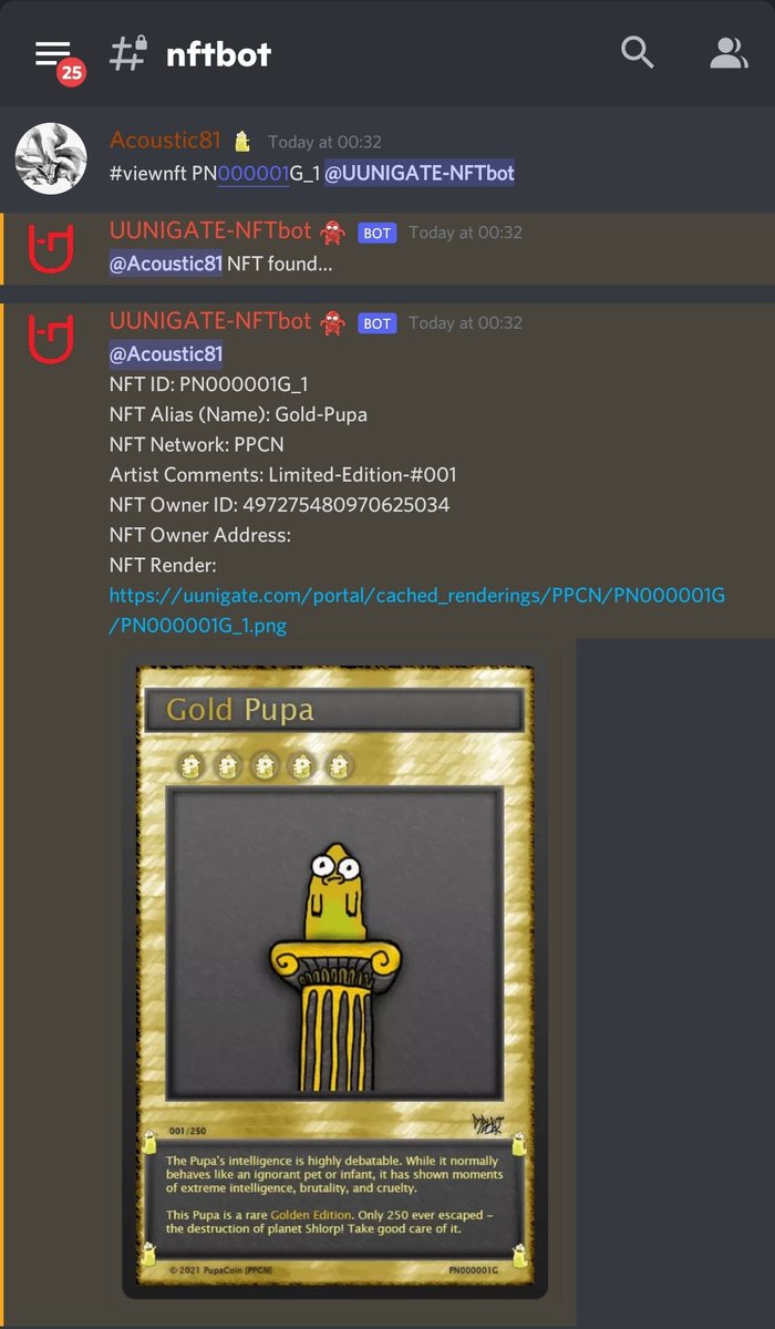 My first ever NFT! Airdropped from within Discord via <a href="/uunigate/">uunigate</a>'s #NFTBot and lives directly onchain, not some centralised server. Read that again. Stored on the blockchain. This is a first in the #NFT space. Sincere thanks to <a href="/PupaCoin/">Pupa Coin</a> <a href="/uunigate/">uunigate</a> <a href="/DjuricaStankov/">Djurica</a> <a href="/CryptoCoderz/">CryptoCoderz</a> 🔥
