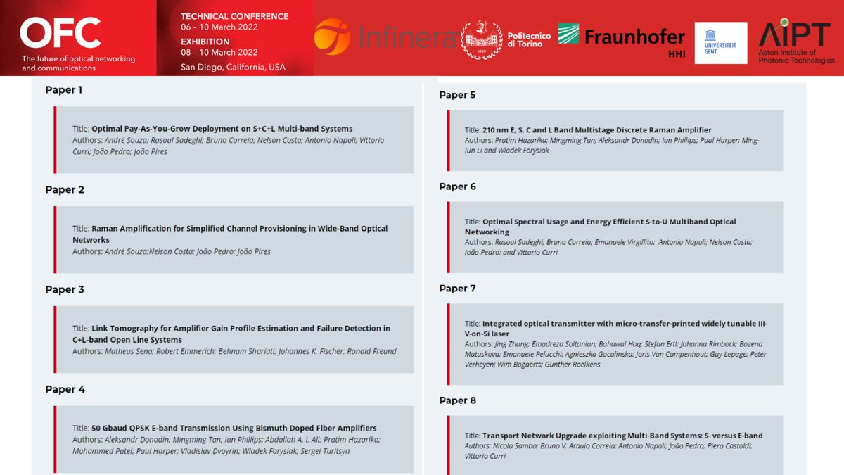 We are happy to announce that eight #EtnWon papers have been accepted for presentation at #OFC2022 Congratulations to our teams in  <a href="/Infinera/">Infinera</a>, <a href="/FraunhoferHHI/">Fraunhofer HHI</a>, <a href="/AstonPhotonics/">Aston Institute of Photonic Technologies</a>, <a href="/PLANETpolito1/">PLANET@PoliTO</a> etc. 
More details to come.

#WonDissemination <a href="/ofcconference/">OFC Conference</a>