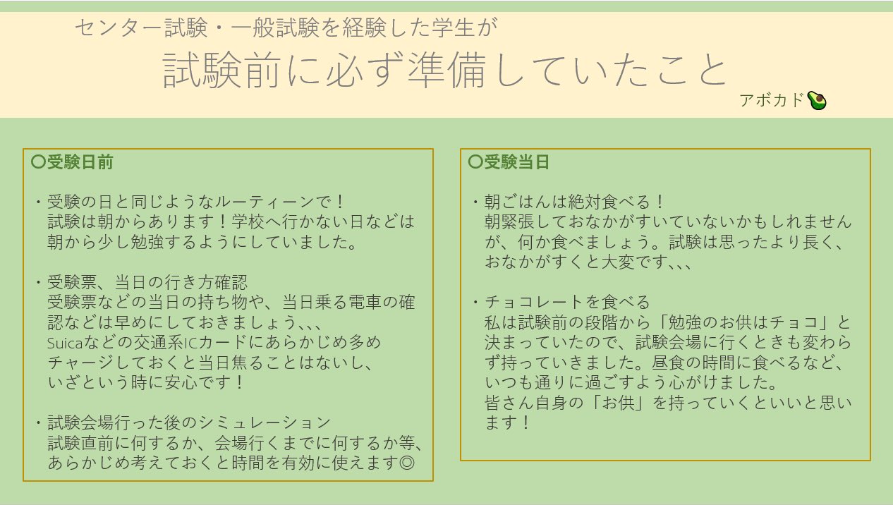 桜美林大学受験生q A こんばんは アボカドです 今回はセンター 一般試験を経験した私が 今の時期に意識し ていたこと 試験前に準備していたこと を紹介します 準備しておくといいものもあるので 受験日を具体的にイメージしながら準備してみて