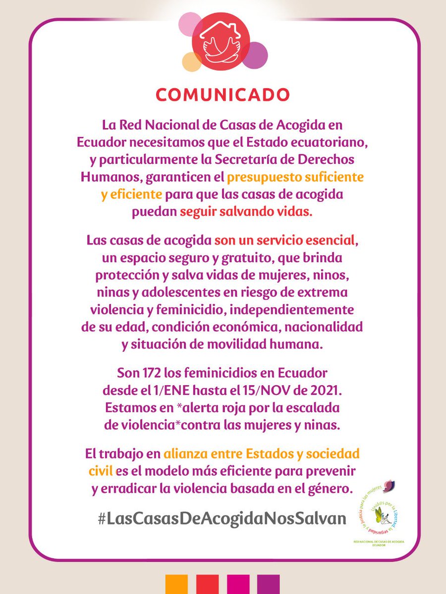 COMUNICADO  
<a href="/LassoGuillermo/">Guillermo Lasso</a> <a href="/DDHH_Ec/">Viceministerio de la Mujer y Derechos Humanos</a> <a href="/DEFENSORIAEC/">Defensoría del Pueblo de Ecuador</a> <a href="/FinanzasEc/">Economía Finanzas Ec</a>

URGENTE📢 Necesitamos que el Estado garantice presupuesto suficiente y eficiente para poder seguir salvando vidas de la #ViolenciaDeGenero y del #Feminicidio