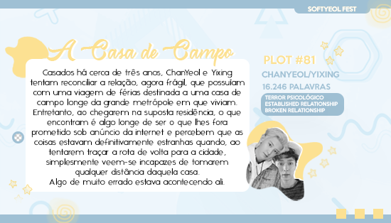 softyeolfest's tweet photo. ⤷ A Casa de Campo
♡ Chanyeol/Yixing
♡ Terror Psicológico, Established Relationship, Broken Relationship, Light Angst, Thriller
♡ #plot81 | 16.246 palavras
» https://t.co/mHuY6wioEb https://t.co/GigHyasLSb