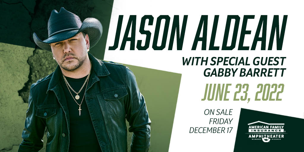 Summerfest's tweet photo. JUST ANNOUNCED: @Jason_Aldean with @GabbyBarrett_ to headline the @AmFamAmp on opening day of Summerfest, June 23, 2022! Tickets go on sale 12/17 at 10am central. Want access to the presale? Join the newsletter before the code is sent out on 12/16: https://t.co/sBwH0Uk3NP @amfam https://t.co/Hc5bQB1MxT