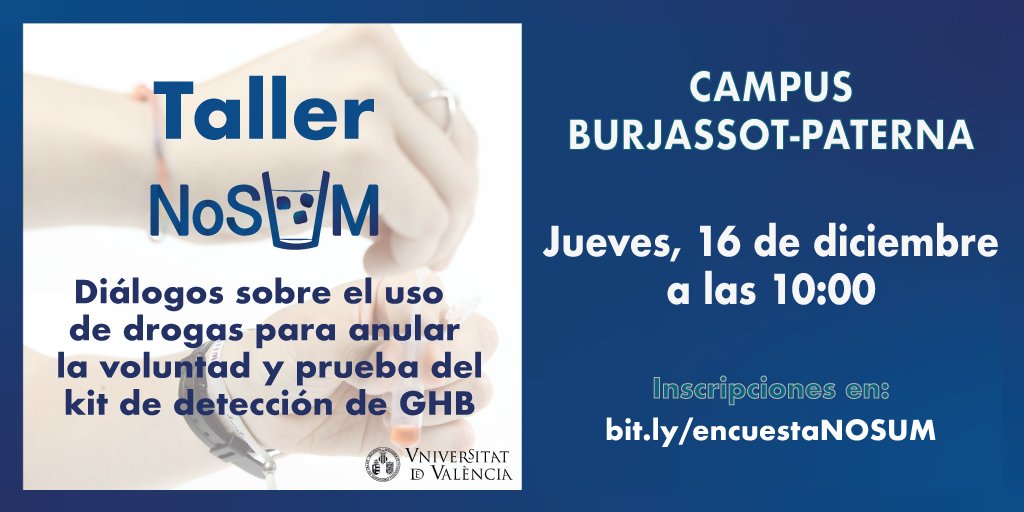 proyecto_vsafe's tweet photo. Este jueves la @FacQuimicaUVEG acogerá el último taller sobre sumisión química del otoño 🍂
Si todavía no te has inscrito, puedes hacerlo a través de este enlace: https://t.co/n3cQ38FAtp
Todas las personas que participen se llevarán un kit de detección de GHB. https://t.co/CsoYvHmfNN