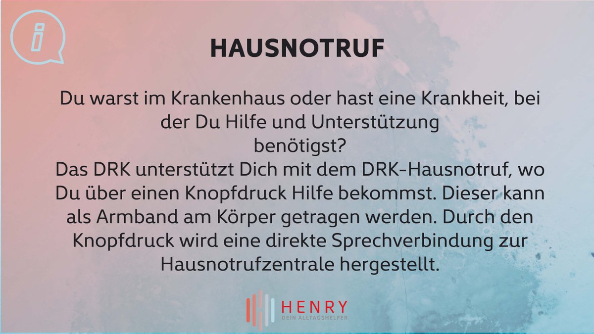Du warst im Krankenhaus oder hast eine Krankheit, bei der Du Hilfe und Unterstützung benötigst? 
Wir vom DRK unterstützen dich mit unserm Hausnotruf, wo Du über einen Knopfdruck unsere Hilfe bekommst. Dieser kann als Armband am Körper getragen werden.

loom.ly/n_WulMk