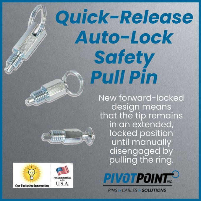 OfficialLinkMag's tweet image. Check out Pivot Point's new Quick-Release Auto-Lock Safety Pull Pin featuring a retractable tip that locks into an extended (forward) position automatically. 
Watch video for more info: bit.ly/31JCvoI @PivotPointPins

#PullPin #LockingPins #fasteners #fastenernews