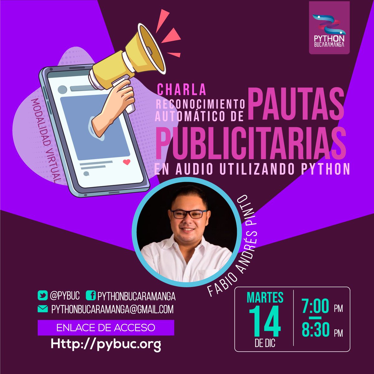PyBuc's tweet image. Buenos dias!
No te pierdas nuestro ultimo evento del año de nuestra comunidad Python Bucaramanga.
Evento: Reconocimiento automático de pautas publicitarias en audio utilizando python.
Ponente: Fabio Pinto Oviedo
Enlace: pybuc.org
#python #pythoncolombia #pybug