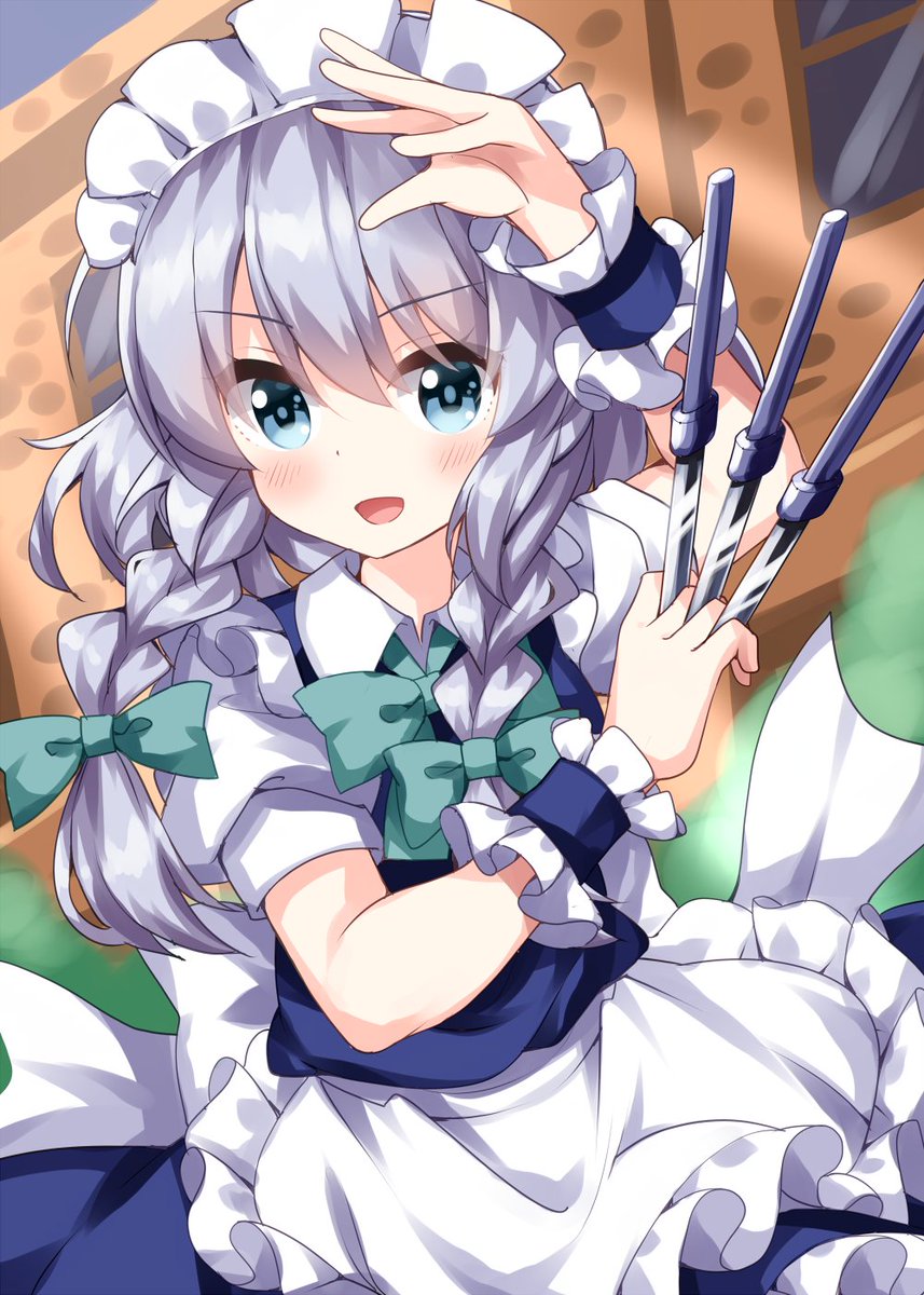 izayoi sakuya 1girl solo maid headdress braid apron twin braids grey hair  illustration images