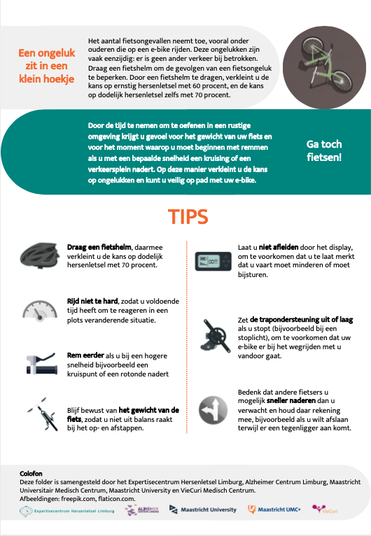 LimburgBrain's tweet photo. Artsen zien steeds vaker oudere e-bikers met (hersen)letsel op SEH en IC. Tips om de kans op ongelukken en hersenletsel te verkleinen? Download de gratis folder, gemaakt door @apmstiekema, @aries_marcel, @BartenEM, Martin van Boxtel &amp; Caroline van Heugten: https://t.co/yLxnHiBgYT https://t.co/StB1uwpeIL