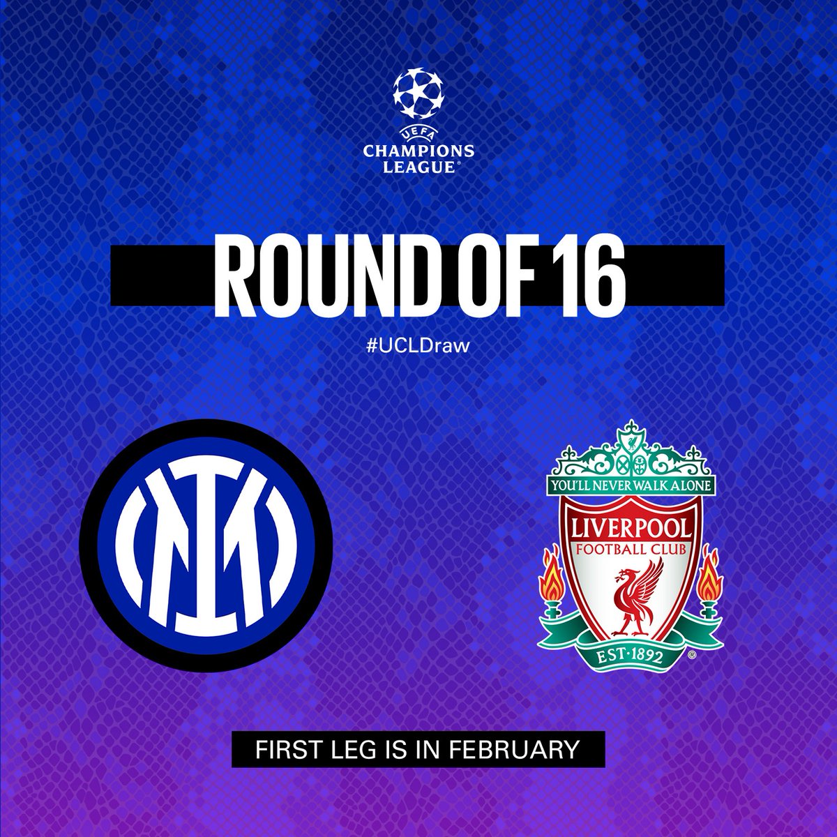 Inter's tweet photo. 🌟 | #UCLdraw

La nostra avversaria agli ottavi di @ChampionsLeague è il @LFC 

#ForzaInter #UCL https://t.co/J36fPC7Qb8
