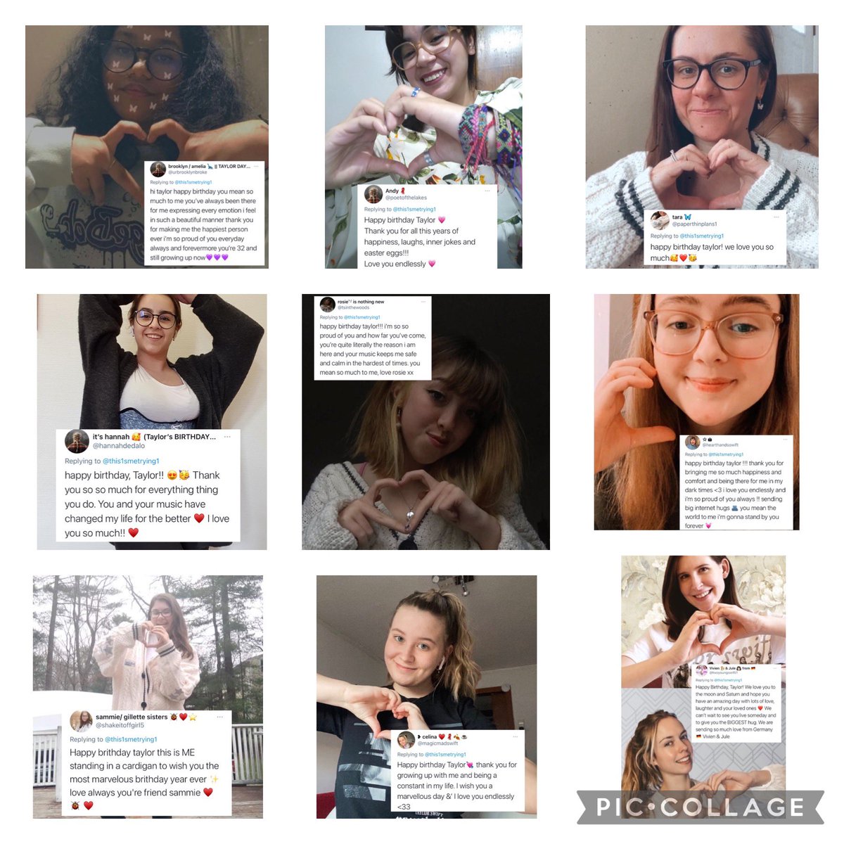 this1smetrying1's tweet photo. happy birthday taylor!!! as a present from us to you, here’s people i have gathered from instagram and twitter, giving you a little message for you and we all love you so much  and giving a hug from everyone of us to you @taylorswift13 @taylornation13 #HappyBirthdayTaylorSwift https://t.co/w1RPYv2X3W