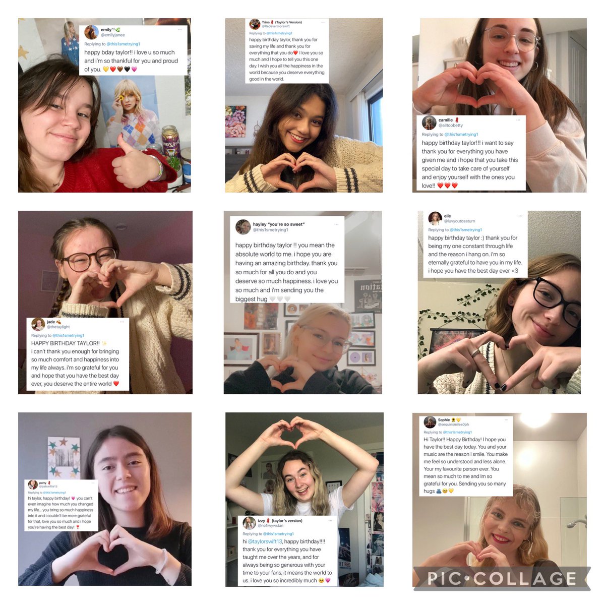 this1smetrying1's tweet photo. happy birthday taylor!!! as a present from us to you, here’s people i have gathered from instagram and twitter, giving you a little message for you and we all love you so much  and giving a hug from everyone of us to you @taylorswift13 @taylornation13 #HappyBirthdayTaylorSwift https://t.co/w1RPYv2X3W