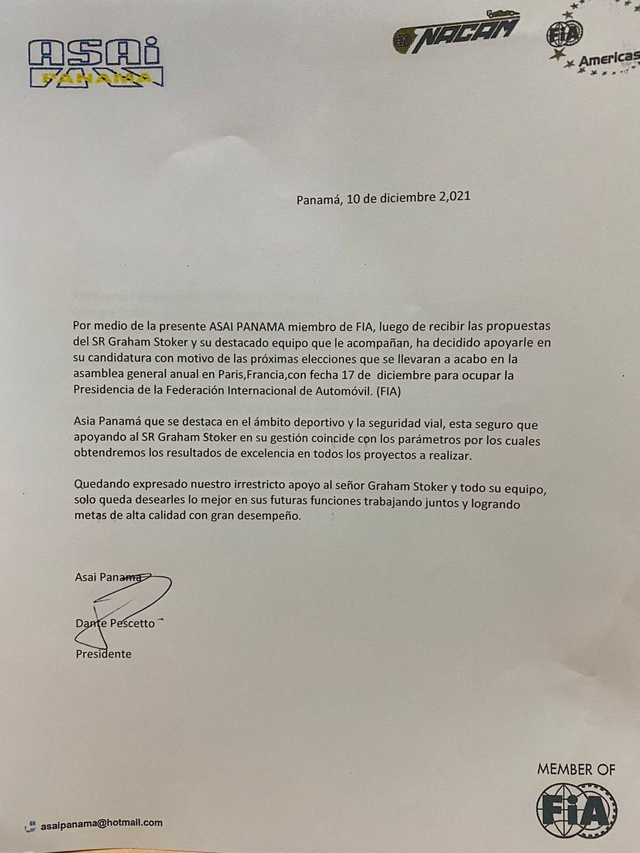 GrahamStoker21's tweet photo. Honoured to receive this letter of support from ASAI Panama for my candidacy for FIA Presidency and #FIAforAll campaign https://t.co/9t0fVfRffW