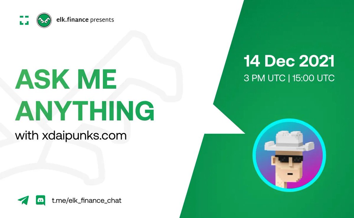 VoxelPunksNFT's tweet photo. 🔈AMA with @xDaiPunks from @gnosischain (xDAI) 🔈

📆 Tuesday, Dec 14
⏰ 3PM UTC | 15:00 UTC
🔗 https://t.co/jTf8yLwUUf (Elk Finance Official Telegram chat)

💡 xDAI punks is a collection of 3D Punk NFTs

💰 $100 worth of $PUNK between TOP 3 live Q&amp;A 💰

#xdaipunks #learnwithelk https://t.co/2gDJkgzA3n