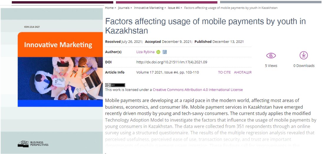 IM_journal_BP's tweet photo. ๐๏ธ https://t.co/6UHiA8AxL3
โ๏ธ Factors affecting usage of mobile payments by youth in Kazakhstan
๐ฅ Liza Rybina
#perceivedeaseofuse #perceivedtrust #perceivedusefulness #transactionsecurity https://t.co/r3JYesc6he