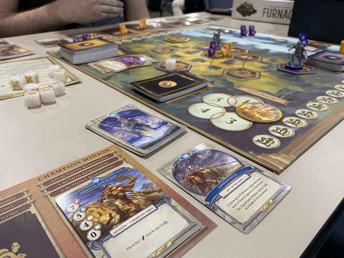 Ended our weekend at #PAXUnplugged playing some Kleos by <a href="/AzureHorizonGMS/">Jim Kav</a> and it was a blast! Calling on Daddy Zeus was a fun aspect for sure, but my friend who played Hermès trounced us in the end

Can’t wait to get more play in with this one!
#boardgames #gaymer #daddyissuses