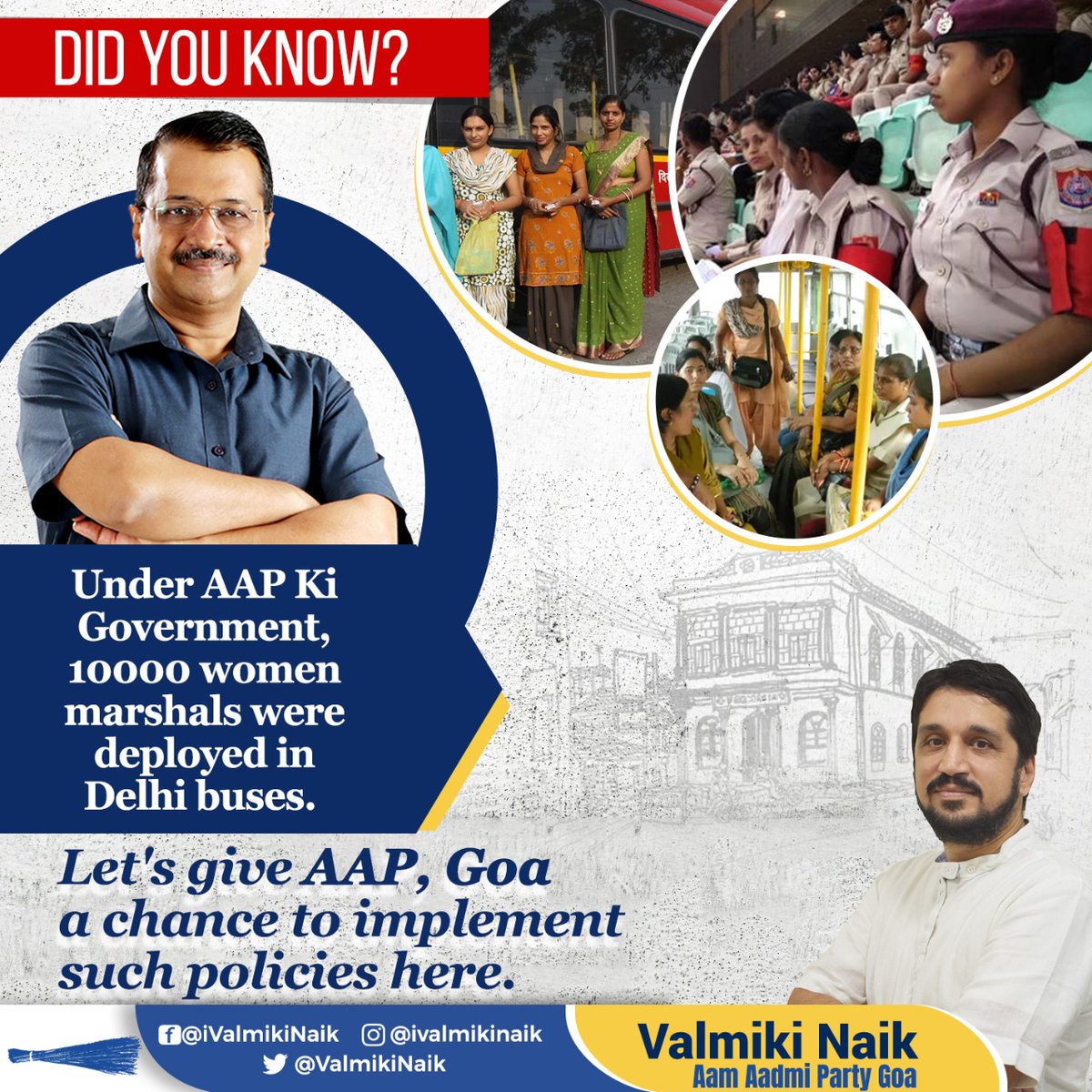 ValmikiNaik's tweet photo. Gender equality and security have always been a key priority for Aam Aadmi Party. Kejriwal Government deployed 10000 women marshals in Delhi buses.
To bring gender equality, safety and security, let's vote for Aam Aadmi Party.
#AAPForGoa https://t.co/es9Zr1lP90