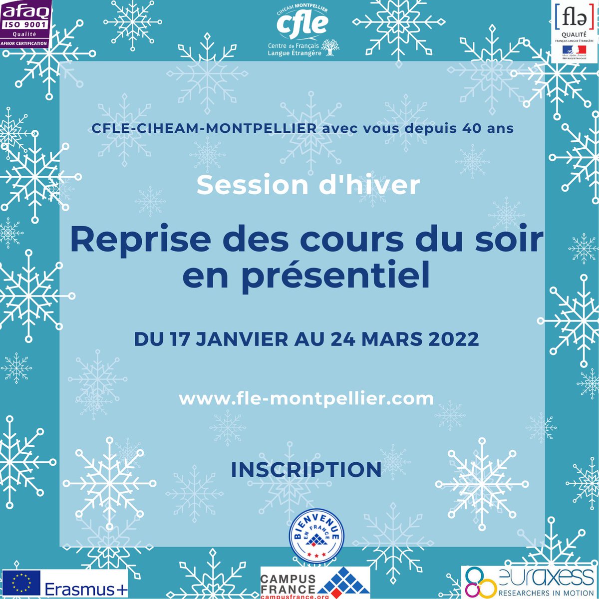 CIHEAMIAMM's tweet photo. Cours du soir de #français: session d'hiver ✳️ du CFLE CIHEAM #Montpellier 🇫🇷
Ouverte à toutes et tous, notre session de cours du soir débutera le 17 janvier 2022 ➡ N'hésitez pas à demander un devis en ligne!
👉 https://t.co/YZ086iSR91
#apprendreFR #LearnFrench #Frenchcourses https://t.co/NIm1SR3V0m