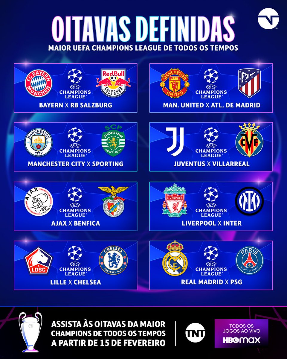 TNT Sports Brasil - 👀😂! Esses aí são os maiores vencedores da Champions  League! Agora a competição vai entrar na fase final! O sorteio das oitavas  é na segunda, às 07h45, na