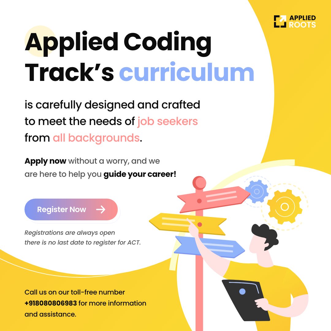 appliedaicourse's tweet photo. Wiki defines Curriculum as "the totality of student experiences that occur in the educational process" Applied Coding Track is designed to give students the best experience and maximize their efforts to land them the best job they wish for
#AppliedRoots #AppliedCodingTrack #Jobs https://t.co/amf5HBEdF3