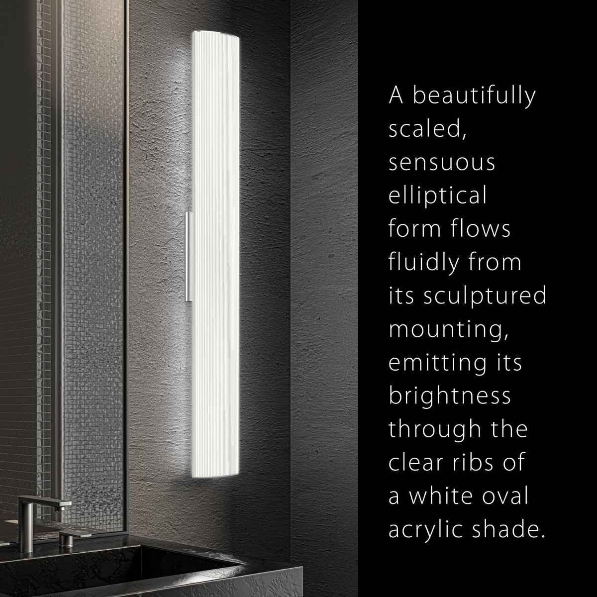 sonnemanlight's tweet photo. Tuo – A beautifully scaled, sensuous elliptical form flows fluidly from its sculptured mounting, emitting its brightness through the clear ribs of a white oval acrylic shade. #sonnemanlight #bathlighting https://t.co/zTUU3YGcfx